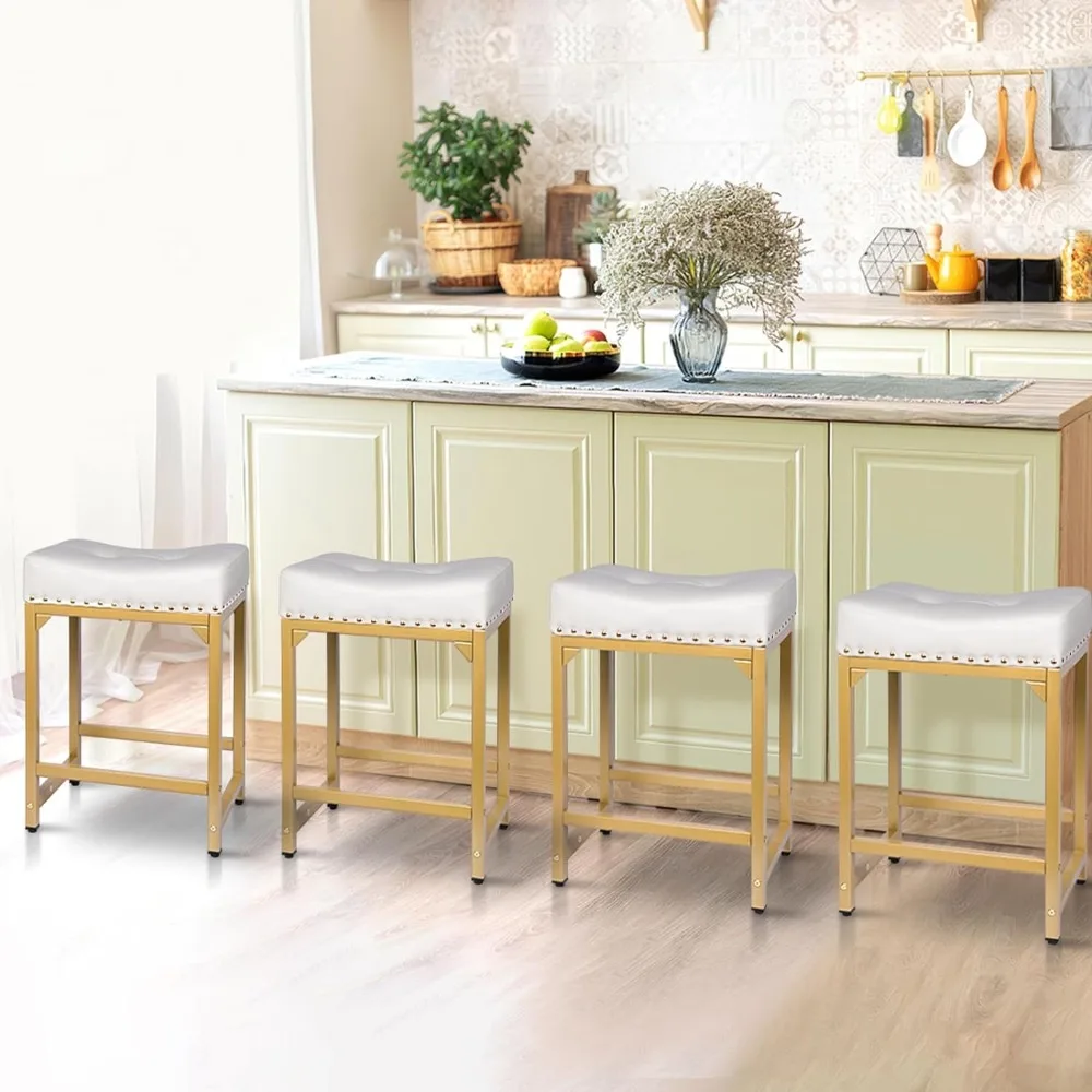 Bar Stools Set for Kitchen Island, Contra Altura, Branco e Dourado, Modern Counter Stools, 24 em