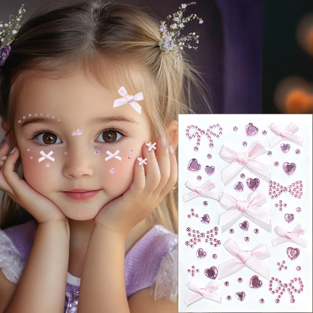 

1/2Pcs 3D Pink Ribbon Love Gem Tattoos Stickers Bowknot Rhinestone Self-Adhesive Temporary Tattoo for Party Kids Face Body Decor