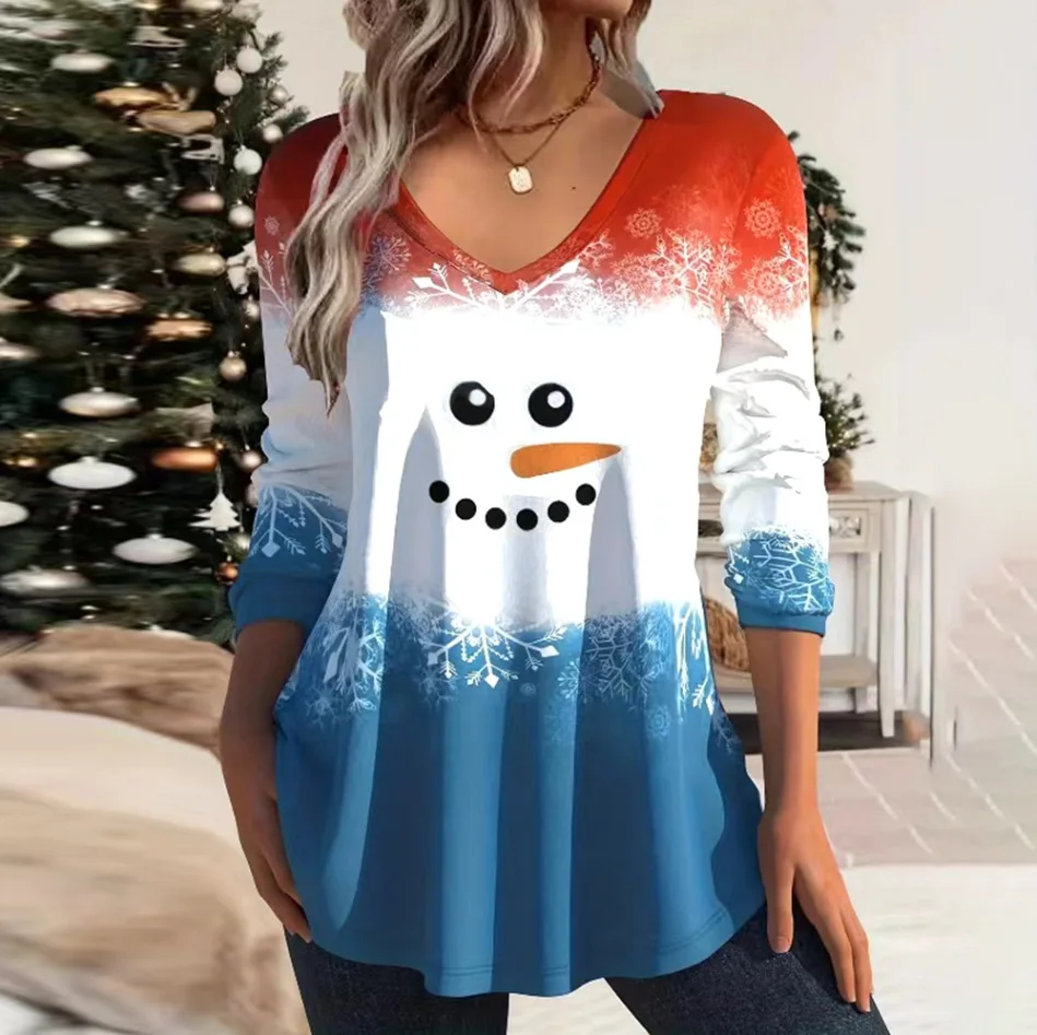 عيد الميلاد المرأة تي شيرت موضة الخامس الرقبة طويلة الأكمام ملابس الحفلات Harajuku المحملة عادية فضفاض المرأة كم طويل تي شيرت الأحمر البلوز #2