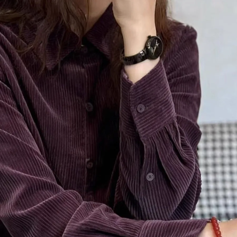 Women Corduroy Shirt Long Sleeve Single Breasted Turn Down Collar Loose Fit Casual Blouse Classic Style Purple