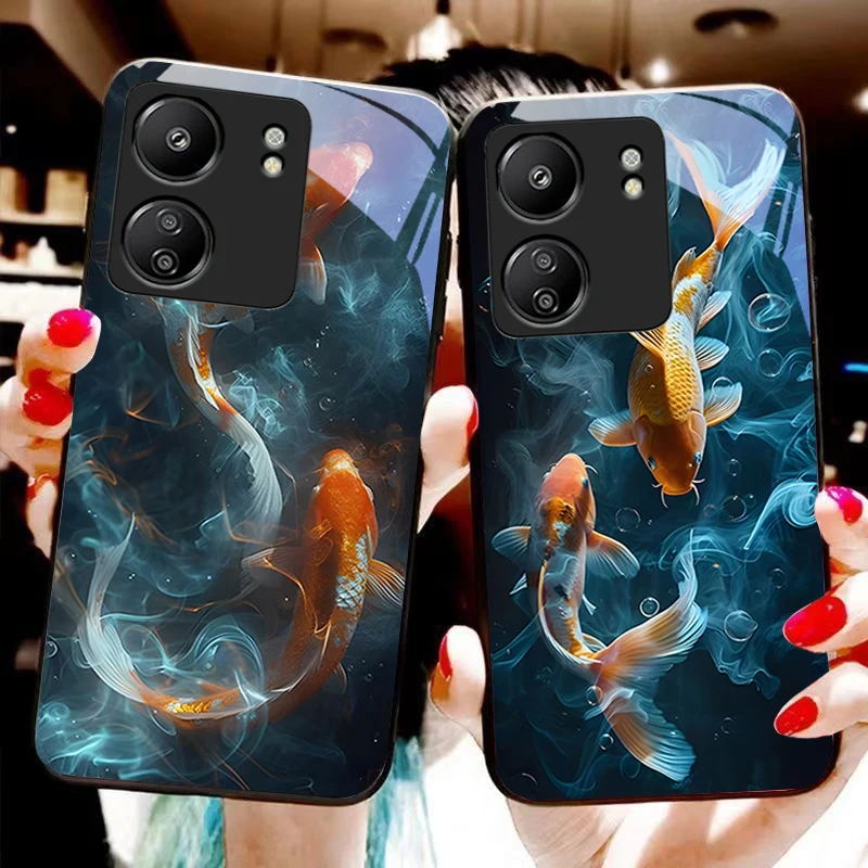 Chinese Wind Fish For Xiaomi Redmi 13C Note13 12 Pro Plus 5G Note 9 13T Pro POCO X6 F5 F6 Black tempered glass phone case