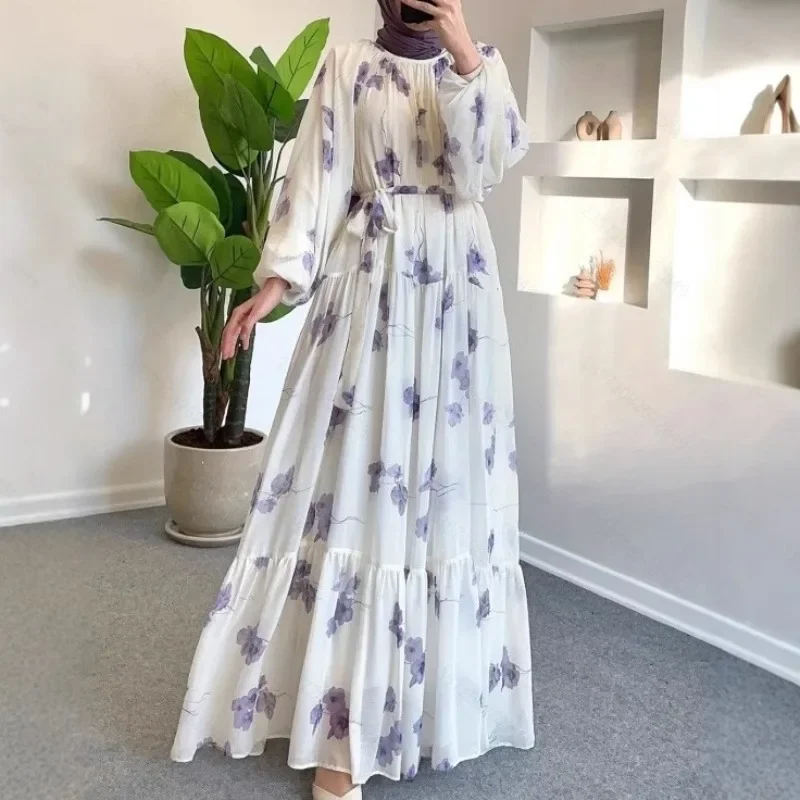 Eid Chiffon Women Dress Abaya Flower Print Muslim Vestidos Largo Dubai Kaftan Arab Long Robe Ramadan Morocco Dresses Jalabiya