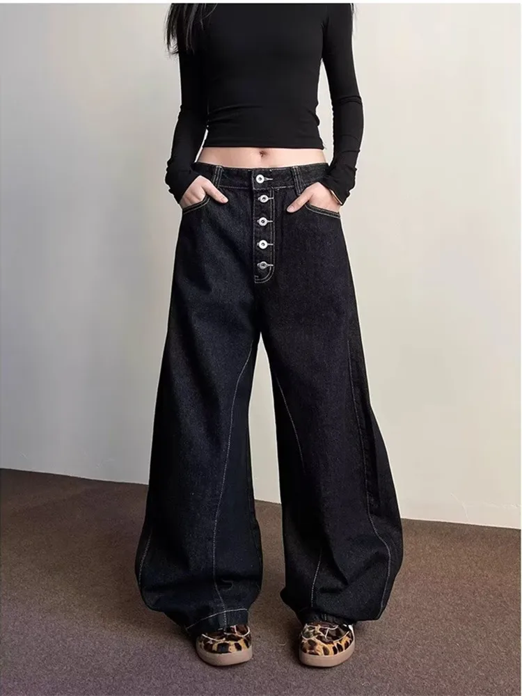 Japanese 2000S Style Y2K Button Fly Solid Black Baggy Jeans Pants Women Clothing Wide Leg Korean Casual Lady Trousers Ropa Mujer