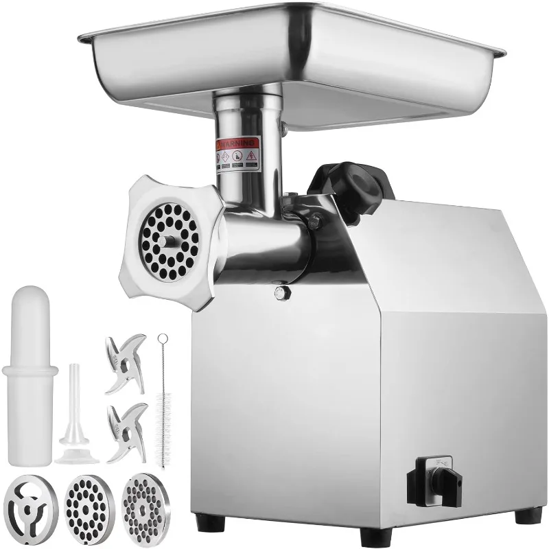 Capacity 396 lb/hr, 1100 watt (4600 watt max) industrial meat grinder with 2 blades, 3 grinding discs