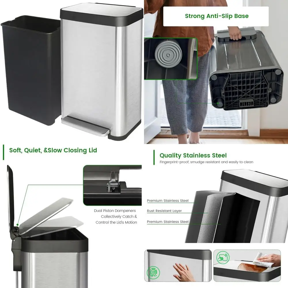 

Stainless Steel Pedal Trash Can with Removable Bucket, 50 Liters Capacity, Fingerprint Resistant, Kitchen Garbage Bin