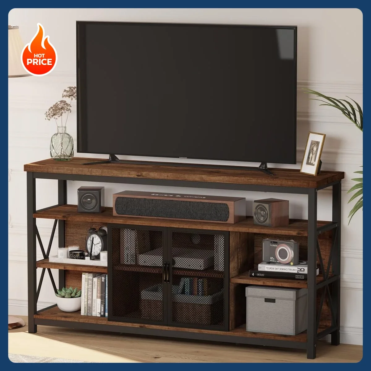 [¡Nueva llegada! ]Soporte de TV alto para televisores de hasta 65 pulgadas, centro de entretenimiento de madera industrial con gabinete de almacenamiento, medios de TV de granja