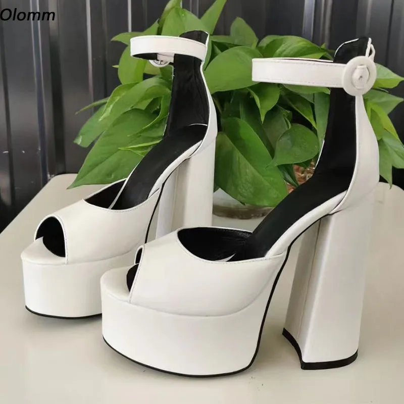 Olomm Handmade Women Summer Sandals Buckle Chunky Heels Peep Toe Beautiful White Ladies Party Shoes US Size 35 43 44 45 46 47