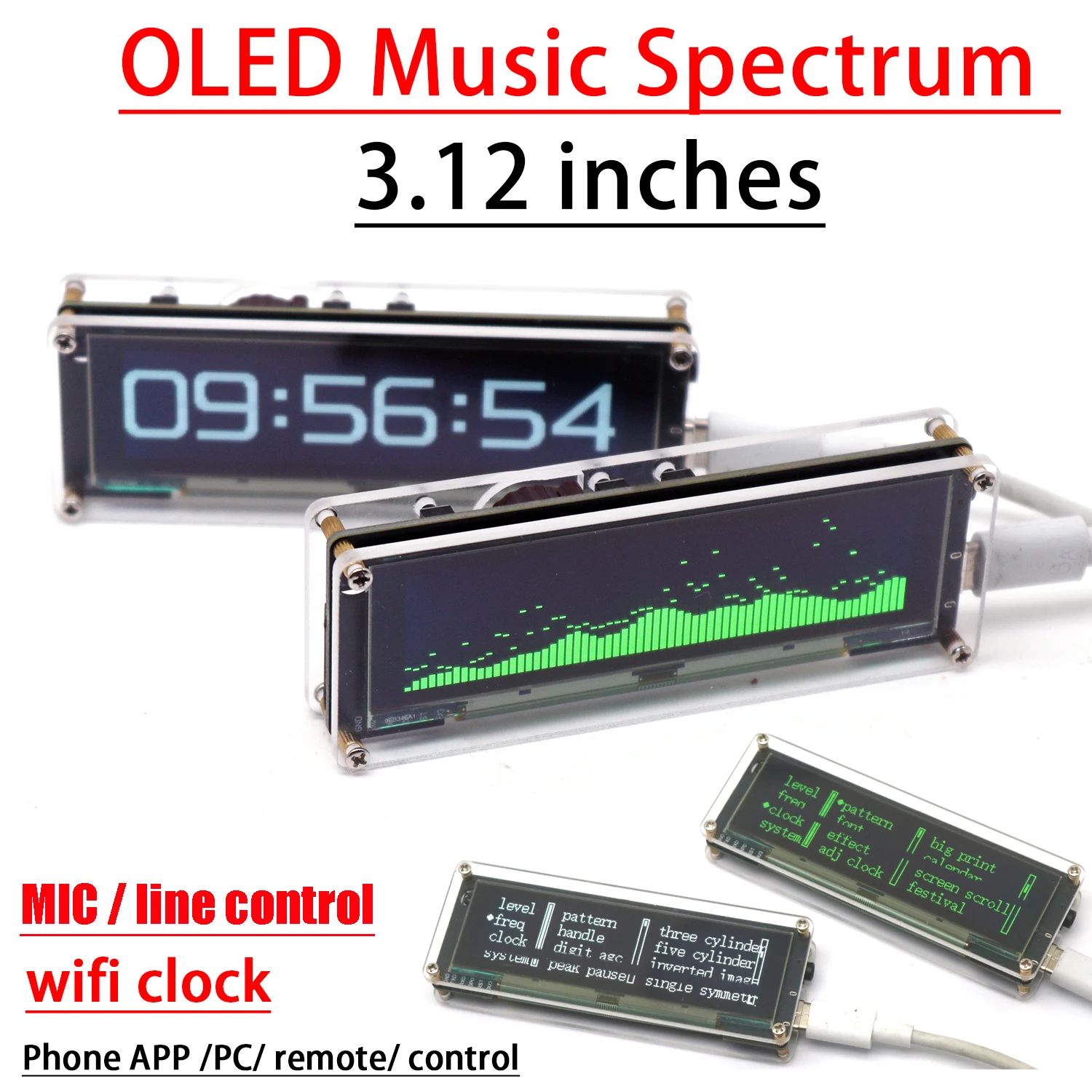 3.12 Inch OLED Music Spectrum Wifi Clock Display Audio Level Rhythm Analyzer VU Meter Voice/Line Control W Remote DC 5V-12V Car