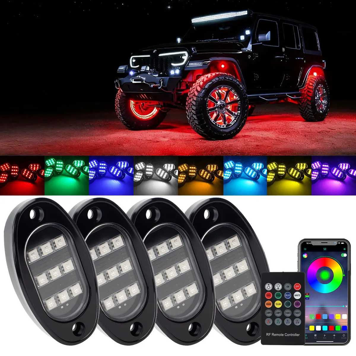 

4/8/10PCS Car Light Kits APP Control RGB 9 LED for Offroad Truck SUV ATV UTV Jeep Neon Underbody Undergolw Car Chassis Light