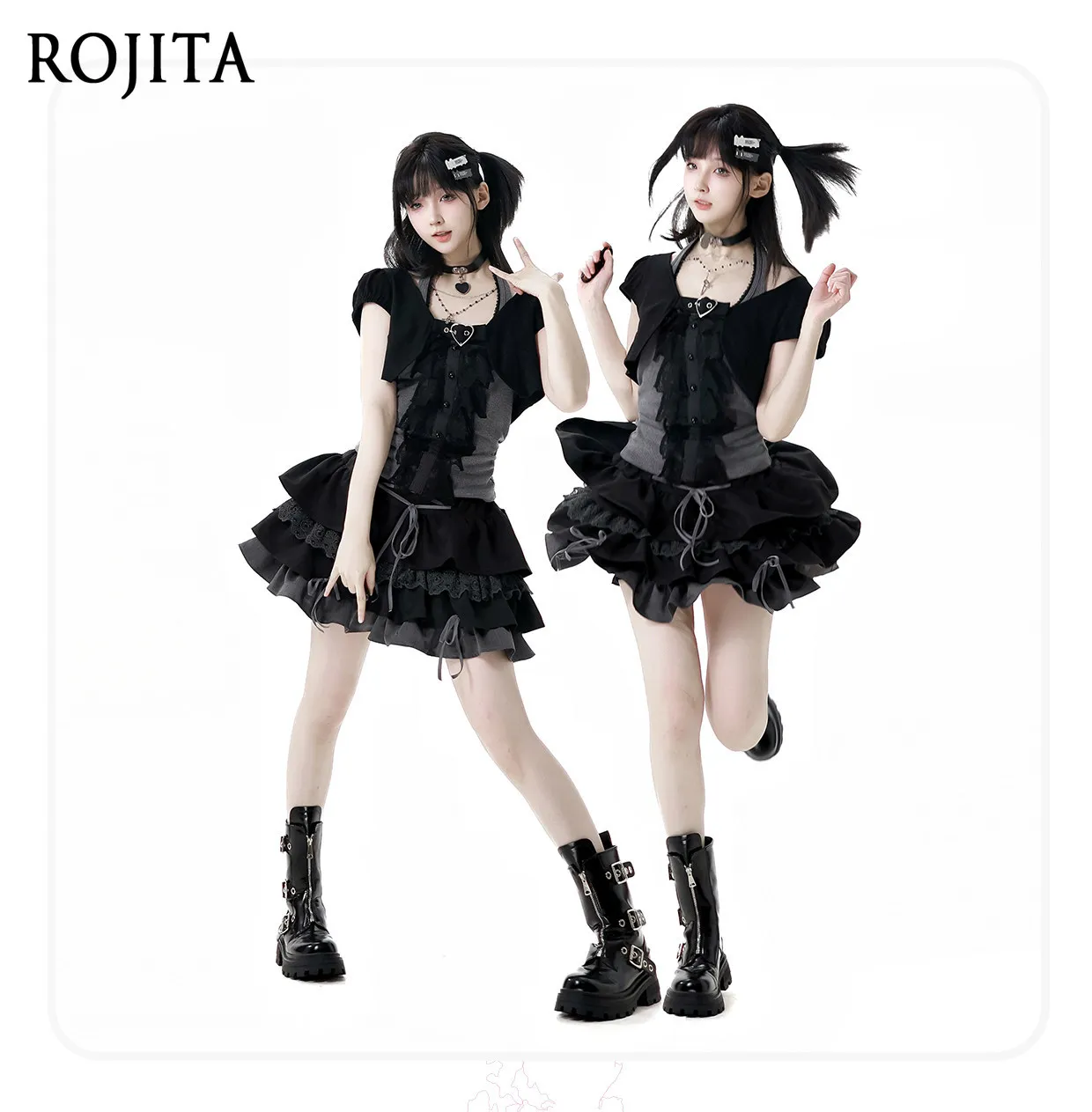 Gothic Heart Buckle Short Sleeve Shrug Crop Top Women Y2K Black Puff Sleeve Cardigan Outerwear