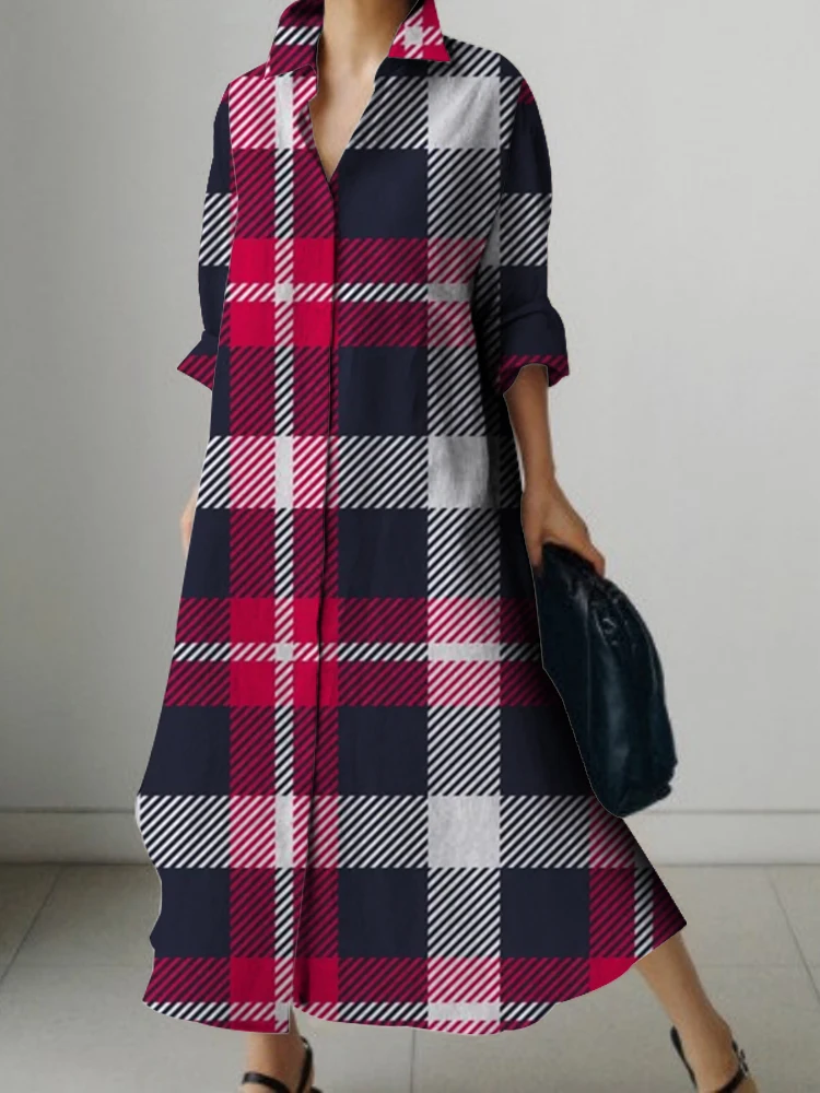 New Long Sleeve Shirt Dress Ladies Plaid Print Design Dress Elegant Beautiful Evening Gown Deluxe Dress For PROM Spring/Summer