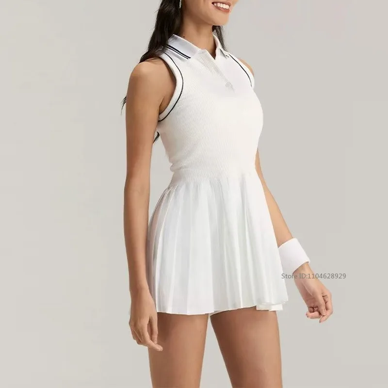 Women Polo Tennis Dress Built in Bra and Shorts Sleeveless Slim Leisure Dress Ladies Quick-Dry Pleated Badminton Skirts 3 Colors