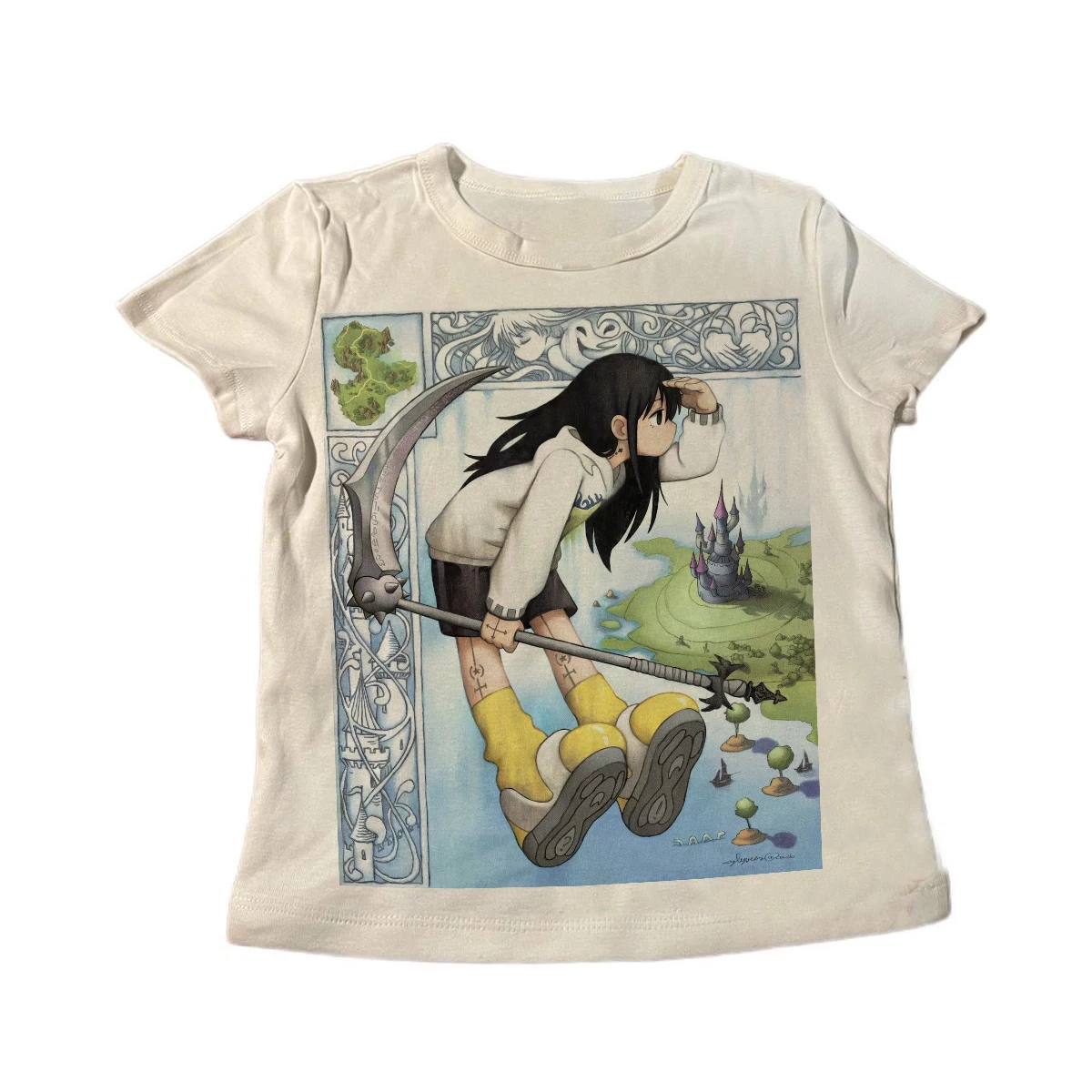 Cream Slim Fit T Shirt Women Retro Anime Scythe Girl Castle Print Short Sleeve Vintage Y2K Grunge Egirl Harajuku Streetwear Grap