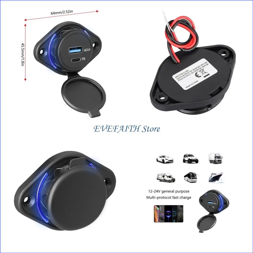 124B Type C USB Car Chargers Socket 12V/24V Charging Outlet Power Adapter for Car Boats