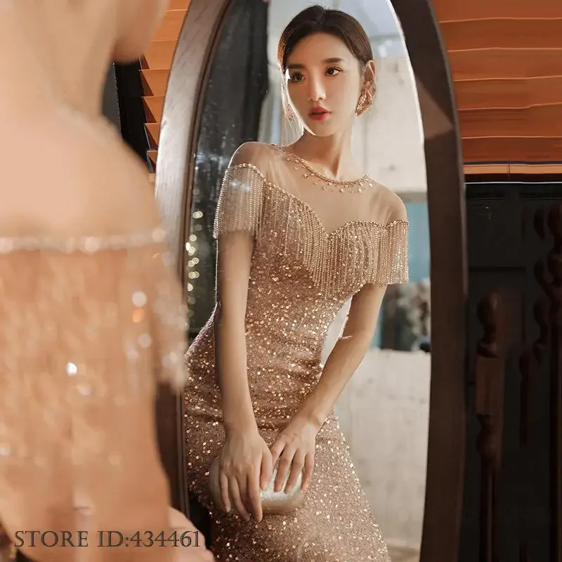 Female Sexy Perspective Mesh Mermaid Prom Dress Sparkling Sequin Bead Tassel Evening Party Dress Floor Length Robe De Soiree