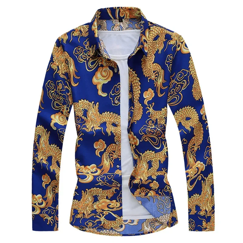 

Thin Men's Blue Long-sleeved Printed Shirts, Chinese Dragon Print Decoration, Asian Size Black Single-breasted Lapel Shirt.