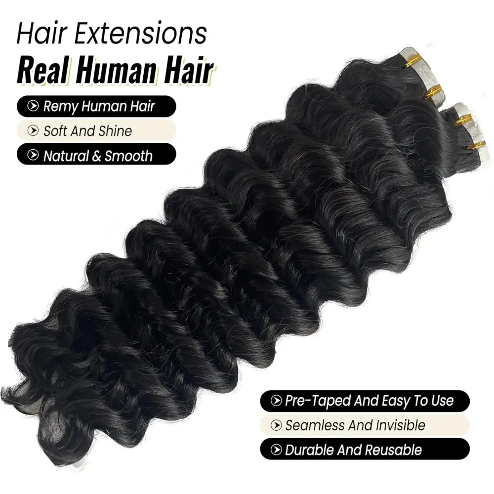 Deep Wave Tape in Hair Extensions Human Hair Brazilian 100% Curly Tape in Extensions Human Hair Natural Black Salon High Quality