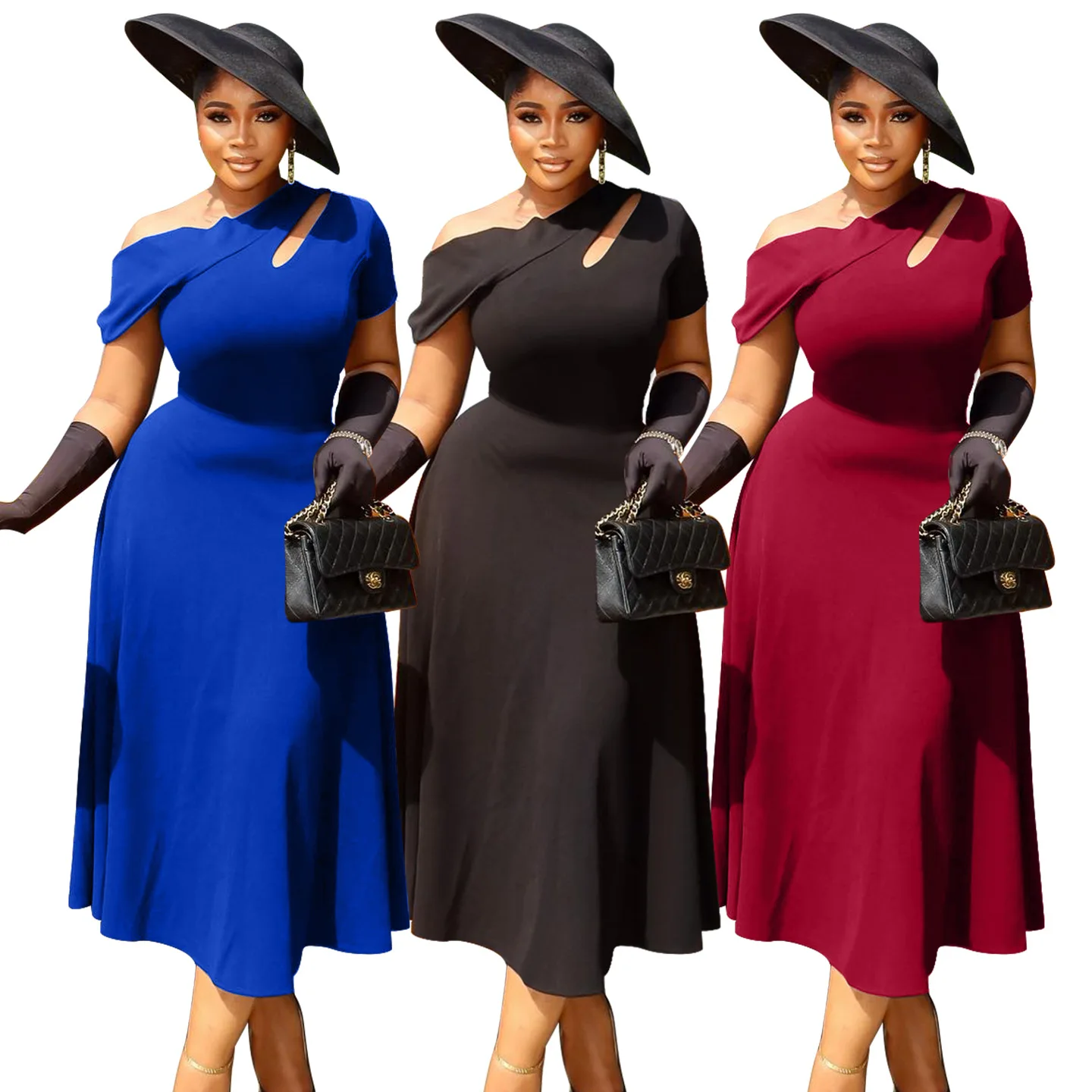 

Women Diagonal Collar Dresses Solid Dress Cutout Ankle Lenth Short Sleeves Zipper Waist Cinch Slim Casual Elegant 2026 Summer