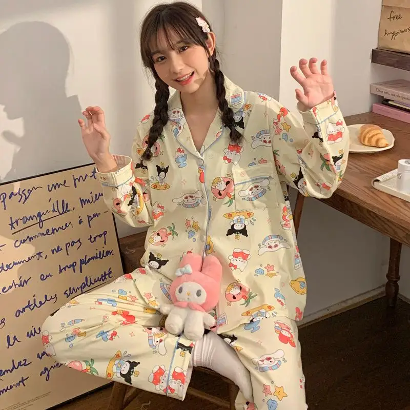 2Pcs Anime Sanrioed Hello Kittys Pajamas Kuromi Kawaii Cartoon Cinnamoroll Loose Sleepwear Pajamas Sets Home Clothes Girl Gifts