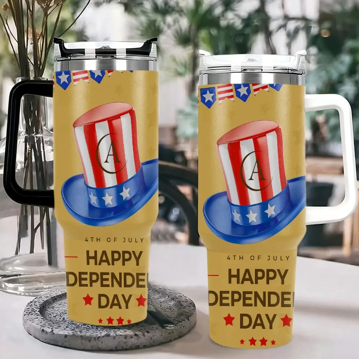 40oz 4th of July Independence Day Tumbler With Handle Straw Lid, Double Wall Vacuum Insulated Stainless Steel Travel Mug, American Flag Uncle Sam Hat Print Cup For Car Outdoor