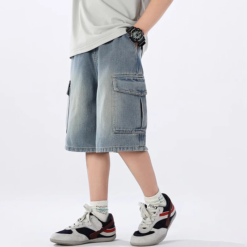 Summer Teen Boys Denim Shorts Fashion Solid Color Big Pocket Thin Jeans Pants For 4-14 Years Kids Children Casual Trousers image 3