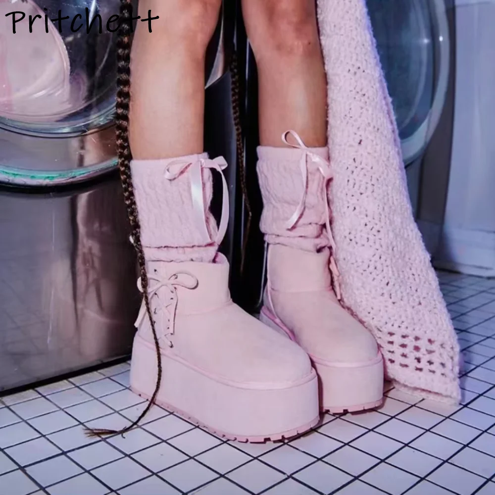 Pink Thick Soled Ankle Boots Round Toe Cross Tied Butterfly Knot Lace Up Round Toe Lovely Shoes Women's Solid Lovely Short Boots