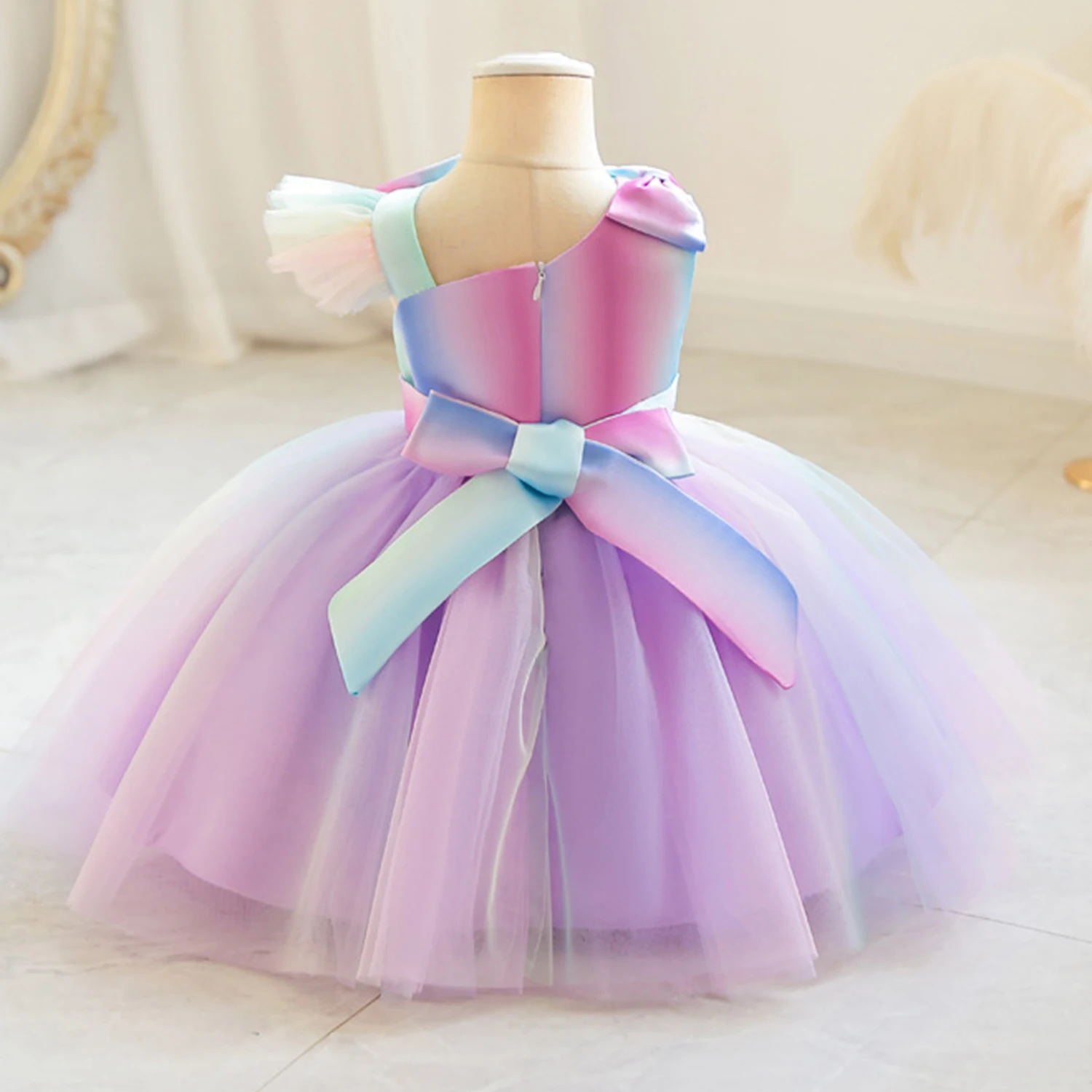 Michella Fashion Toddler Little Girls One Shoulder 3D Bowknot Rainbow Birthday Party Dance Pageant Gown