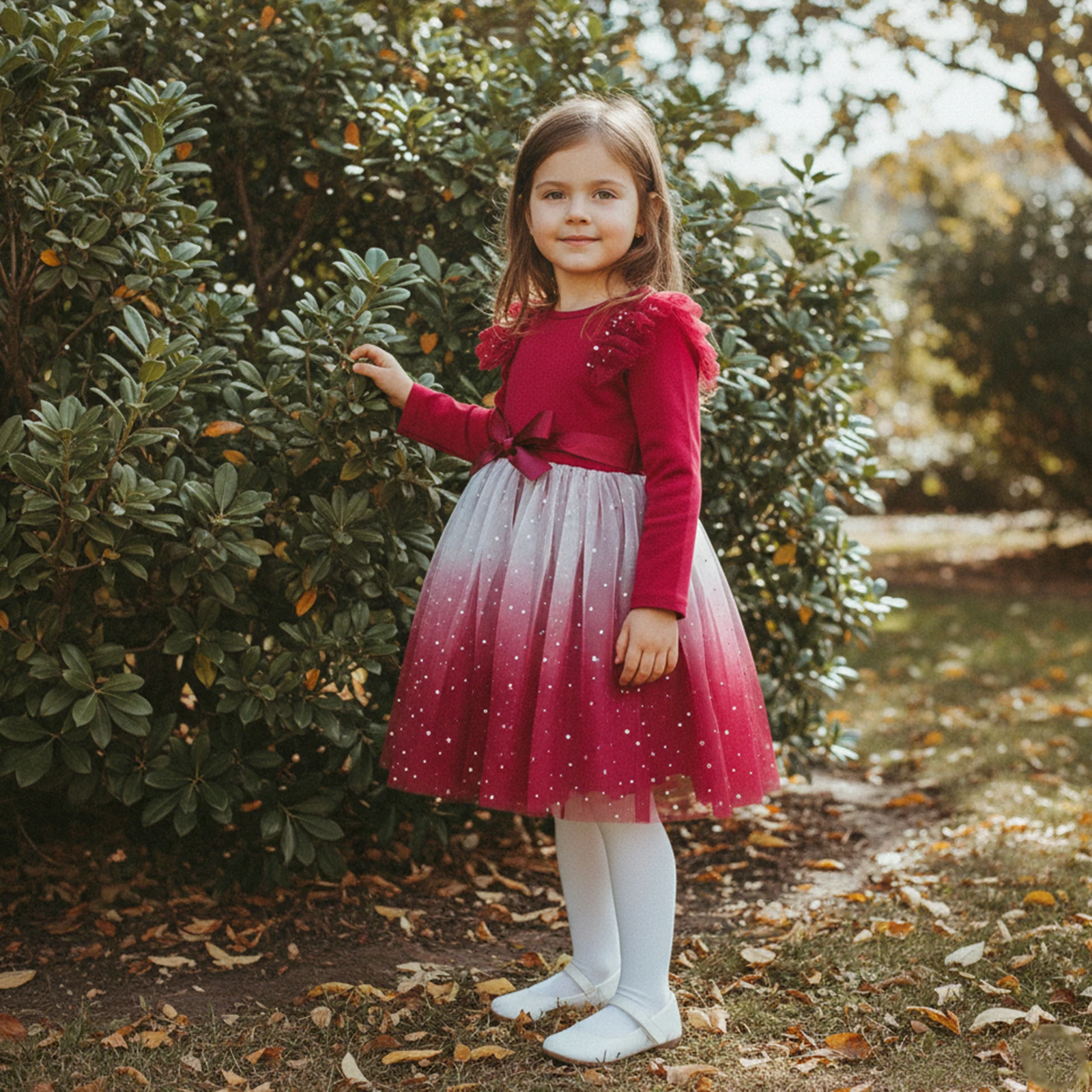 3-10Y Little Girl Spring A Line Mesh Lace Dress Star Print Gradient Mesh Crew Neck Long Sleeve Princess Party Dress with Belt