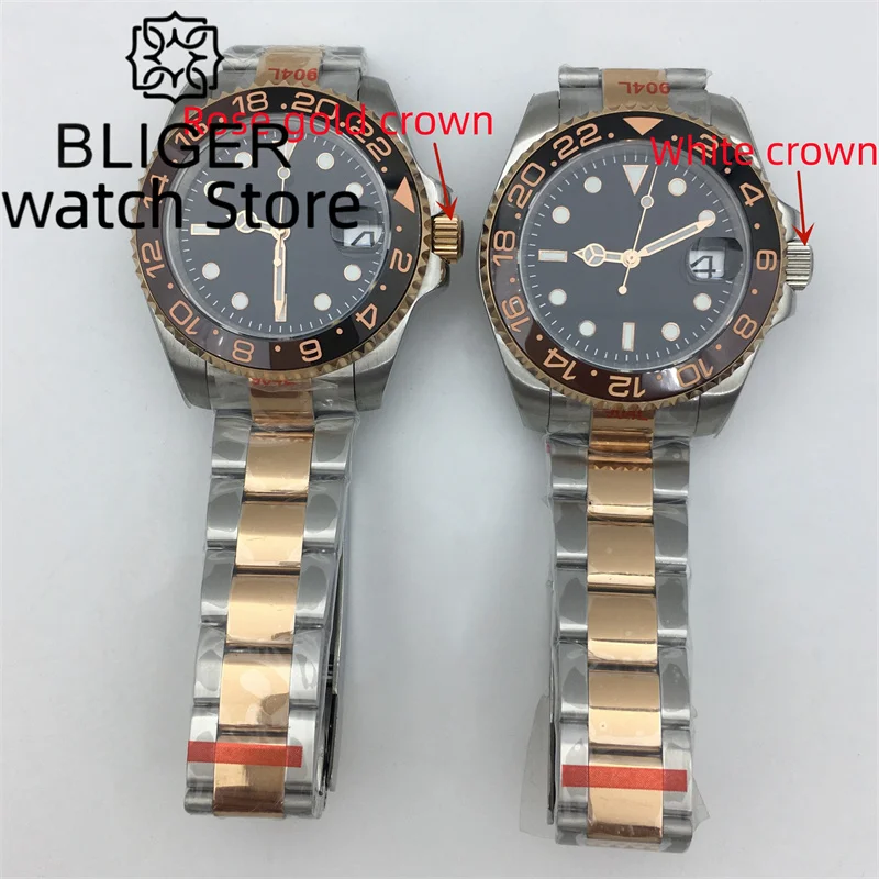 BLIGER-Montre Mécanique Nologo pour Homme, Bracelet Oyster Or Rose, Insert Céramique, Deux Tons, NH35A MIYOTA 8215, PT5000, 24 Bijoux