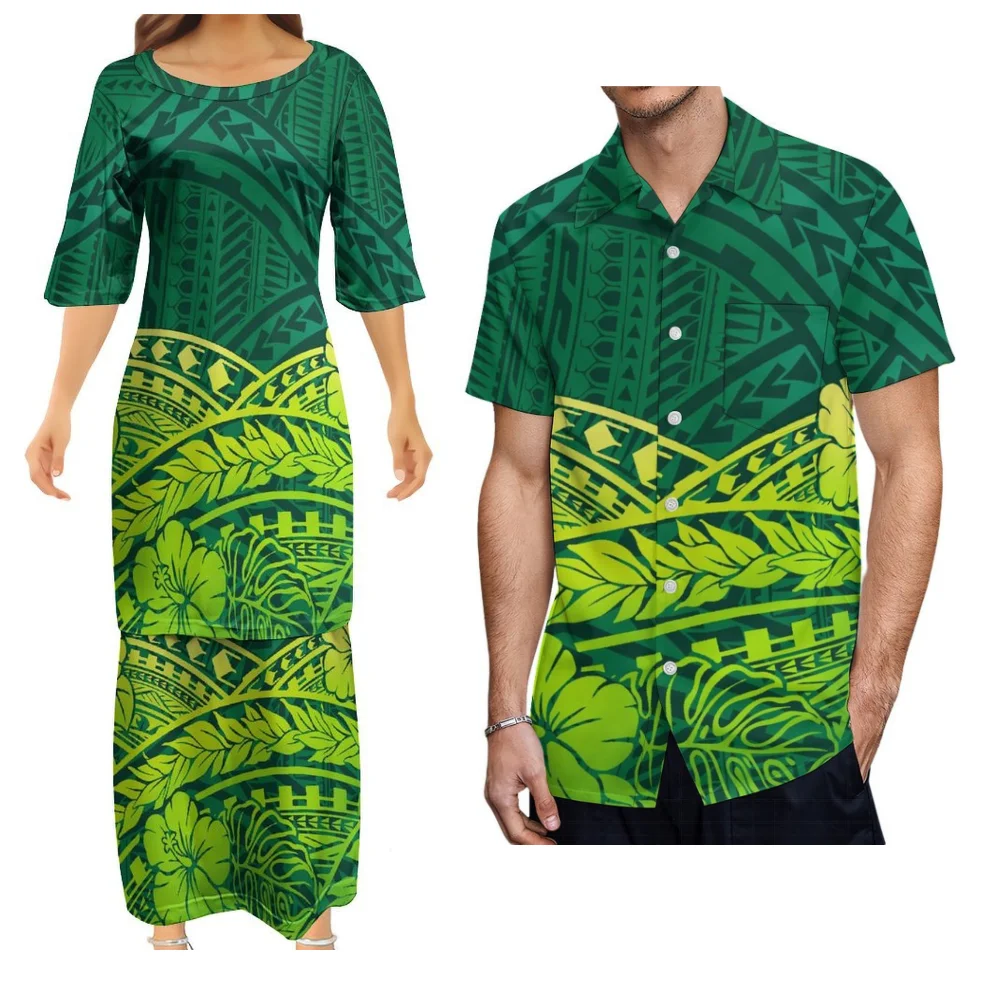 Samoa Couple Matching Set Women Puletasi Dress Men Short Sleeve Shirt Pacific Island Tribal Print Vacation Outfit
