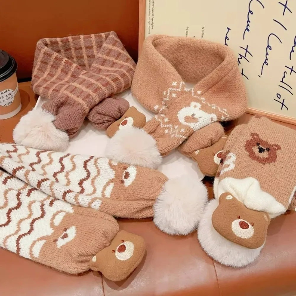 Thickened Children's Scarves Cold-Proof Cute Milk Coffee Little Bear Neck Scarf Cross Scarf Knitted Scarf For Boys and Girls