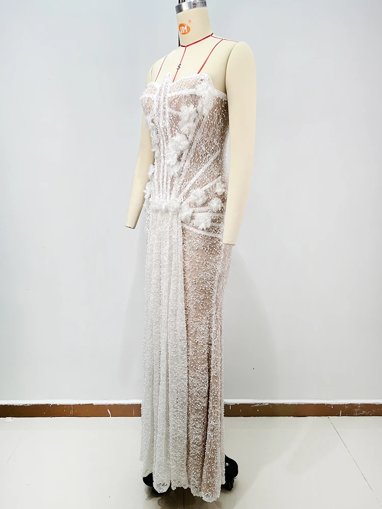 Pb luxo branco renda vestido de noiva sexy sem alças espartilho vestido de noite com trem transparente elegante floral casamento vestido longo
