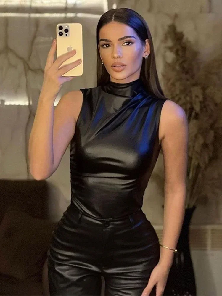 女性のためのシンプルなベーシックなpuタンクトップ,ハイウエスト,スリム,スラッシュカット,ノースリーブ,用途の広い,高貴なシャツ,y2k