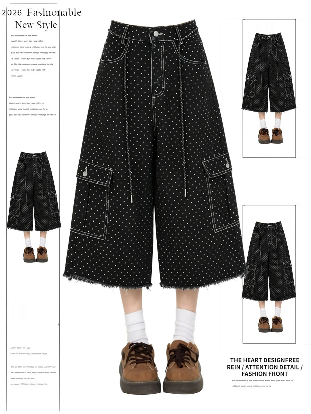 

High Waist Wide Leg Jeans Casual Pants Workwear Style Polka Dot Pocket Design Summer 2026 Belted Short Length Loose Fit