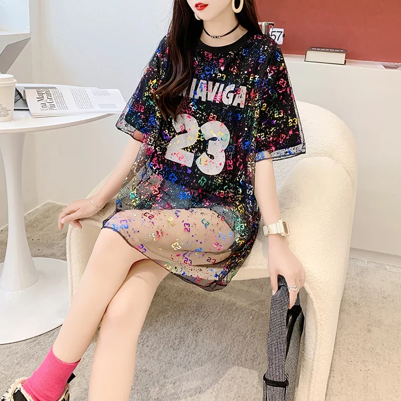 Summer New Fake Two Piece T-shirts Women Oversize Korean Style Loose Letter Printed Patchwork Mesh O-neck Dress T-shirt Female