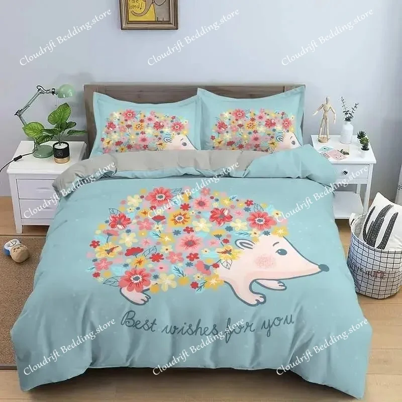 Hedgehog Duvet Cover Set 3D Cartoon Hedgehog Flower Bedding Set Kids Boys Girls Animal Queen Size Polyester Quilt Cover
