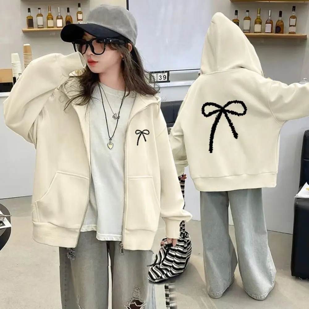Soft Sweet Bow Girl Bowknot Hoodie Loose Long Sleeve Teens Autumn Hoodie Child Coat Y2k Coat Girls Autumn Winter