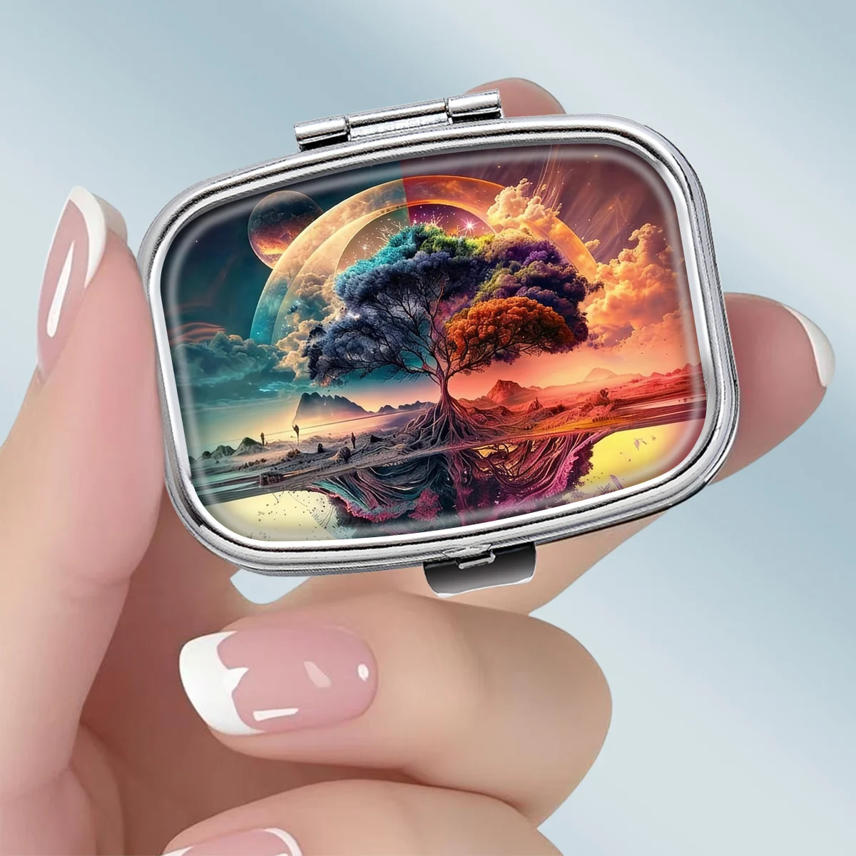 1PC Ultra-realistic cosmic tree of life illustration pattern square 2-compartment pill box - Portable medicine and vitamin storage box, suitable for hand-carrying or travel use, unique small gift, wallet pill box