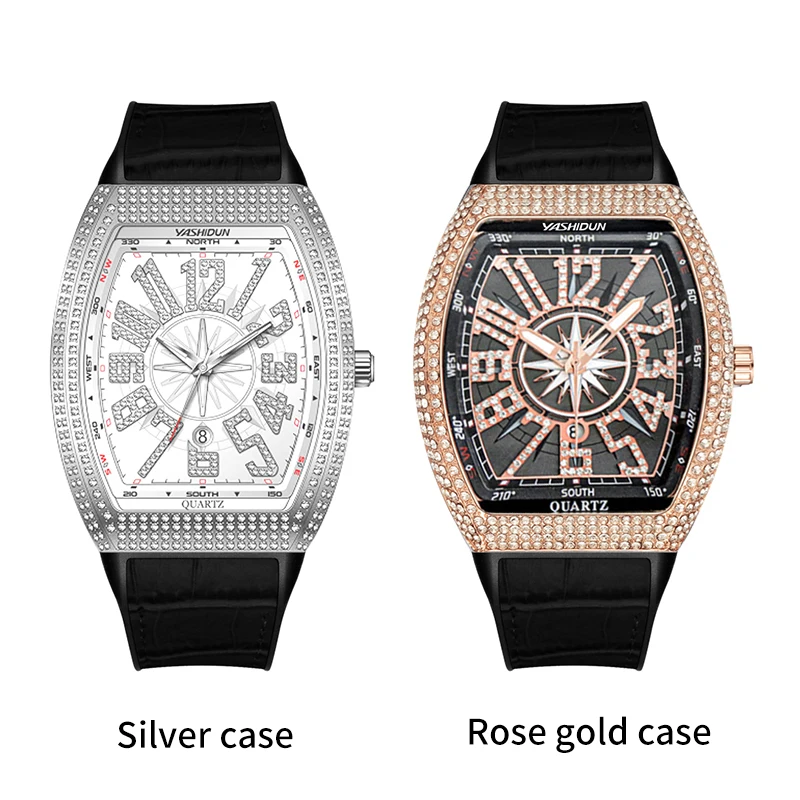 Men's Luxury Watch Shiny Metal Rubber Strap Quartz Fashion Wristwatch Male Clock Relogio Gifts Shiny Crystal Case