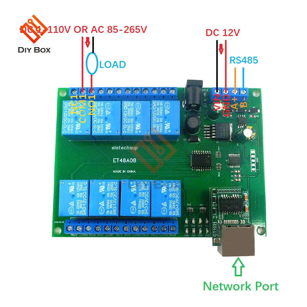 DC 12V 2 IN 1 8Ch Ethernet/RS485 Relay Module Modbus Slave RTU TCP/IP UART Network Controller PLC Output Expansion Board