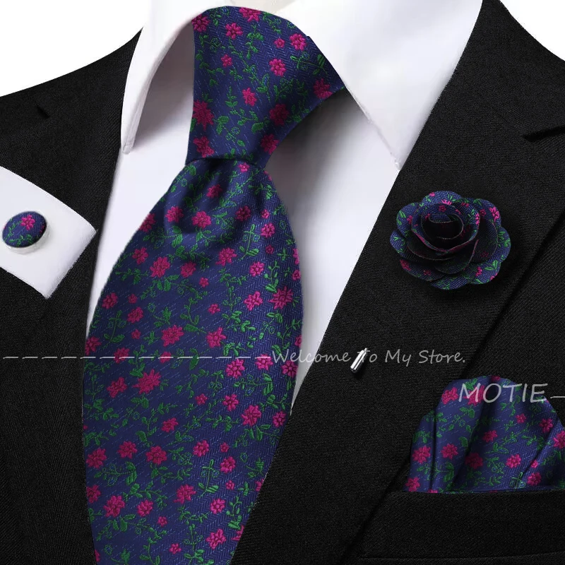 Beauty Flower And Plant Pattern Jacquard Tie Set Include Pocket Square Flower Brooch Cufflink For Shirt Dress Accessory And Gift