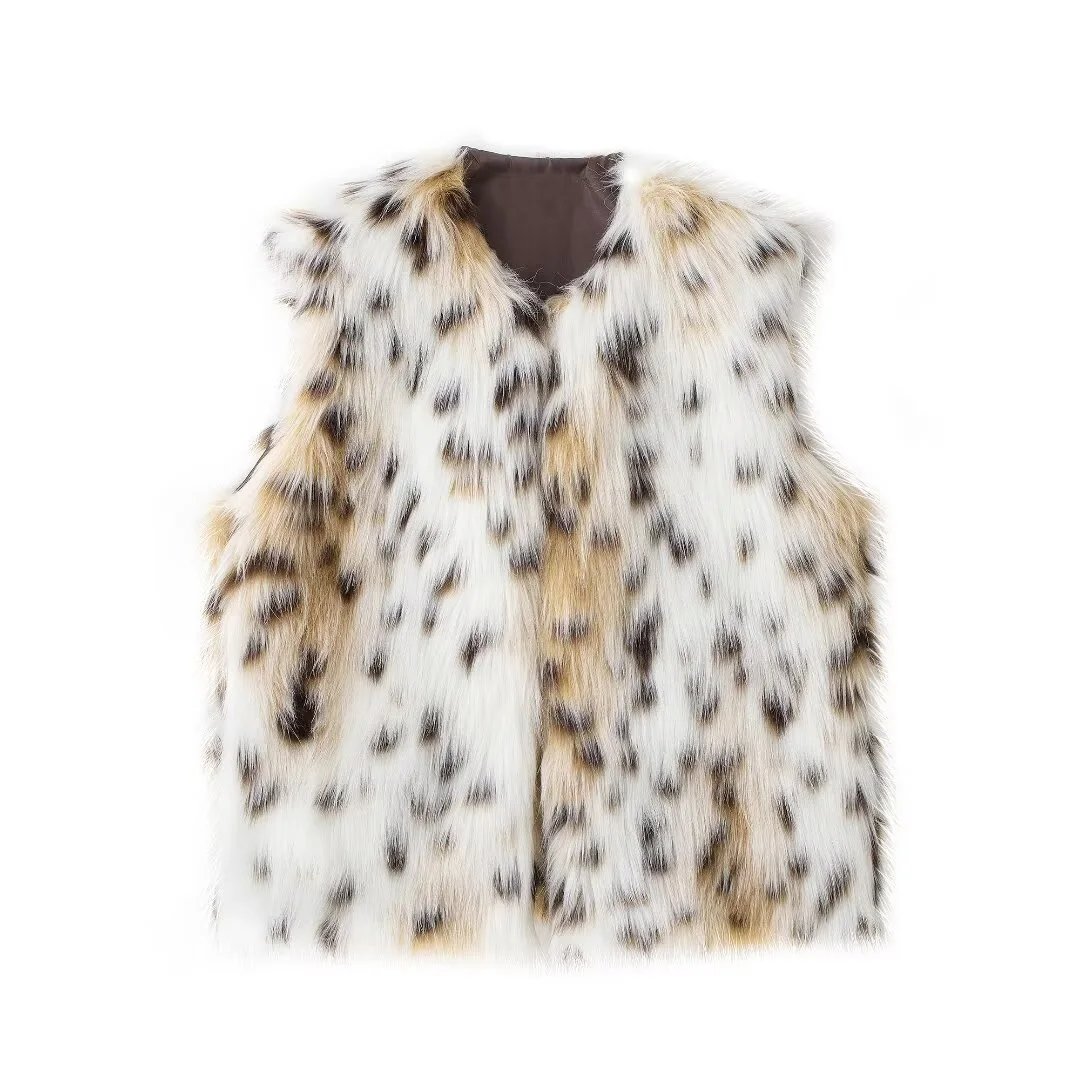 ZA women's 2024 autumn and winter new leopard print vest with faux fur effect, fashionable commuting sleeveless vest jacket