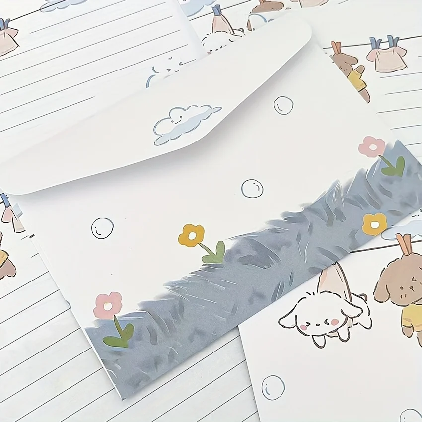 4 encantadores juegos de cachorros y letras florales con sobres: papelería creativa escrita a mano para estudiantes, vacaciones y cumpleaños.