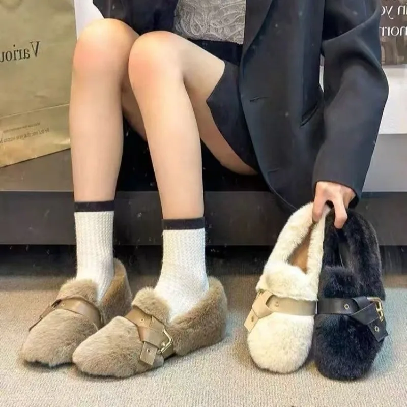 

Faux Fur Flat Shoes Woman Leather Belt Warm Plush Mocasines Metal Buckle Furry Flats Women Cozy Cotton Shoes Slip on Loafers
