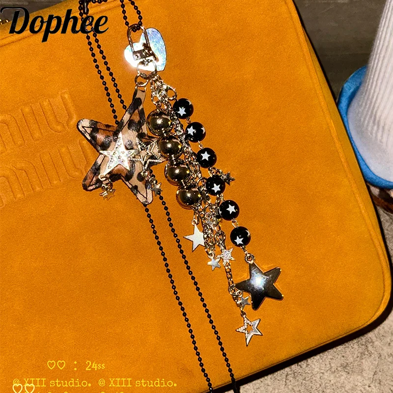 Dophee Original Subculture Leopard Pattern Pentagram Beading Bag Pendant Hot Chick Y2k Fashion Mobile Phone Lanyard