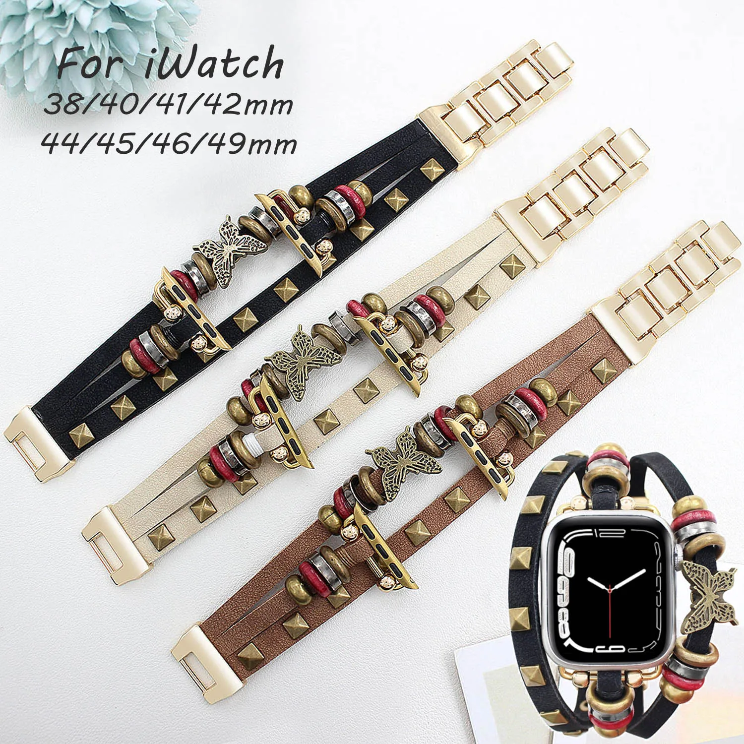 

Металлический браслет на запястье для Apple Watch Band 40 мм 38 41 44 45 49 42 46 мм Модный кожаный ремешок для iWatch Series 10 9 8 7 6 5 4 SE