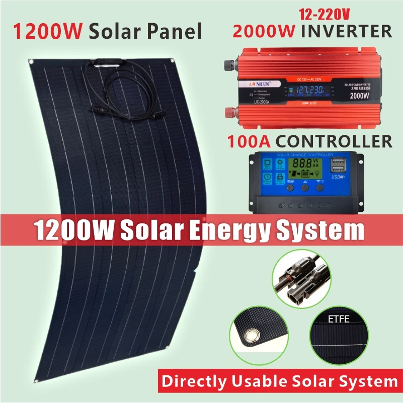 1200W/2400W Solar Energy System 110V/220V 2000W Solar Panel Inverter Glass 12V Battery Charging Controller For Home/Outdoor Use