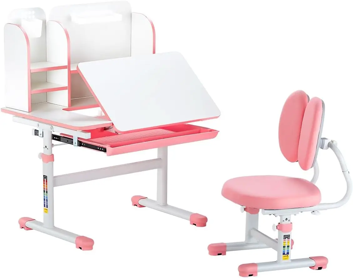 

Регулируемый детский стол и стул с книжной полкой, выдвижным ящиком для хранения и наклонной столешницей для спальни или кабинета, розовый