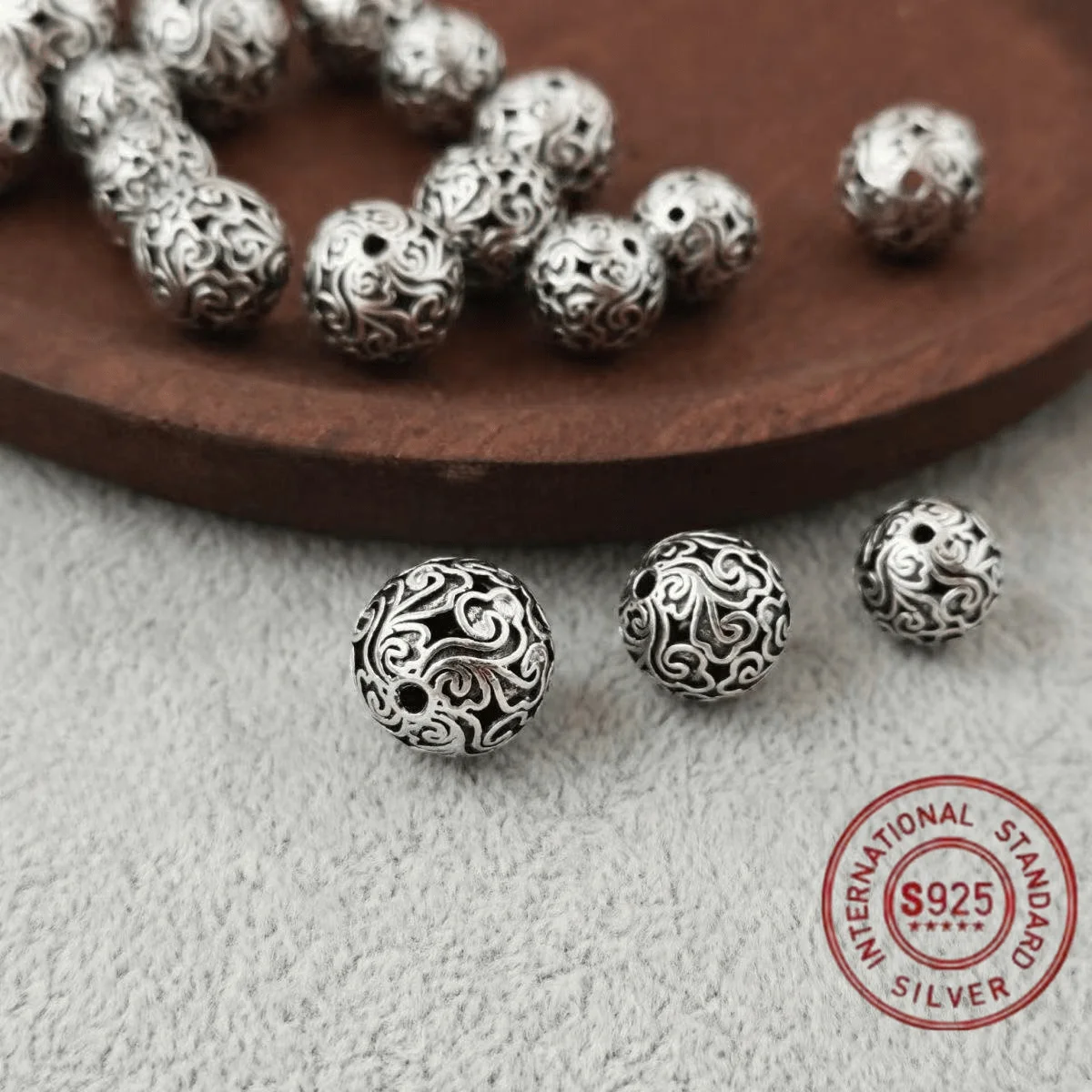 925 silver antique Tibetan silver hollow ball loose beads 11/13/15 mm bracelet earrings beads DIY jewelry accessories - Detail 1