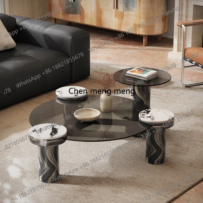 Italian Style Tempered Glass Coffee Table Set Light Luxury Living Room Home Round Coffee Table